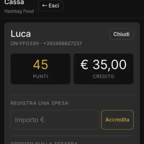 Pannello cassa con punti e credito di un cliente