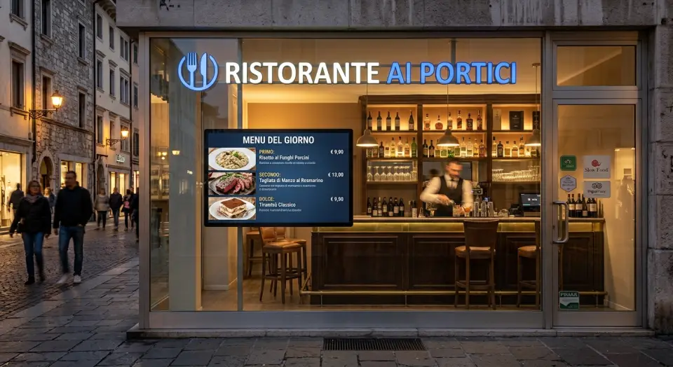 Monitor con il menù nella vetrina di un bar