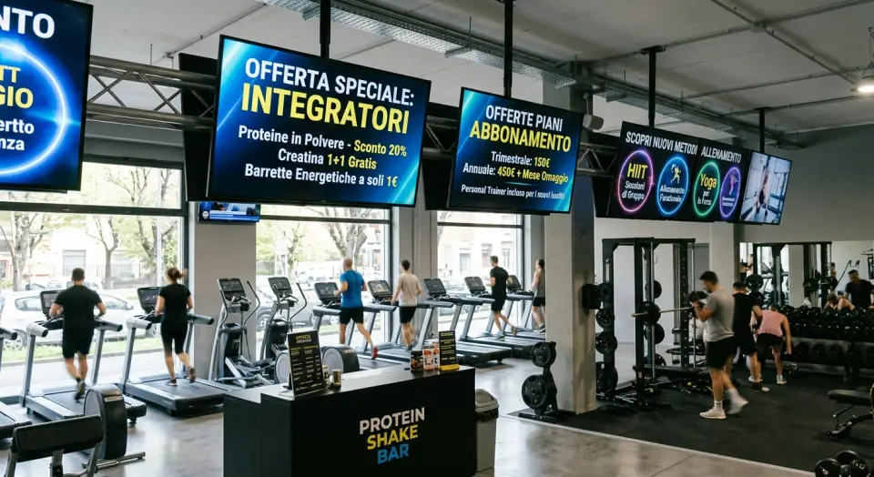Monitor con promozioni e corsi in una palestra