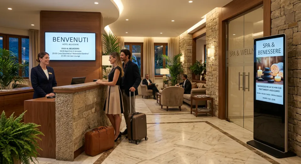 Monitor di benvenuto alla reception e totem della spa nella hall di un hotel