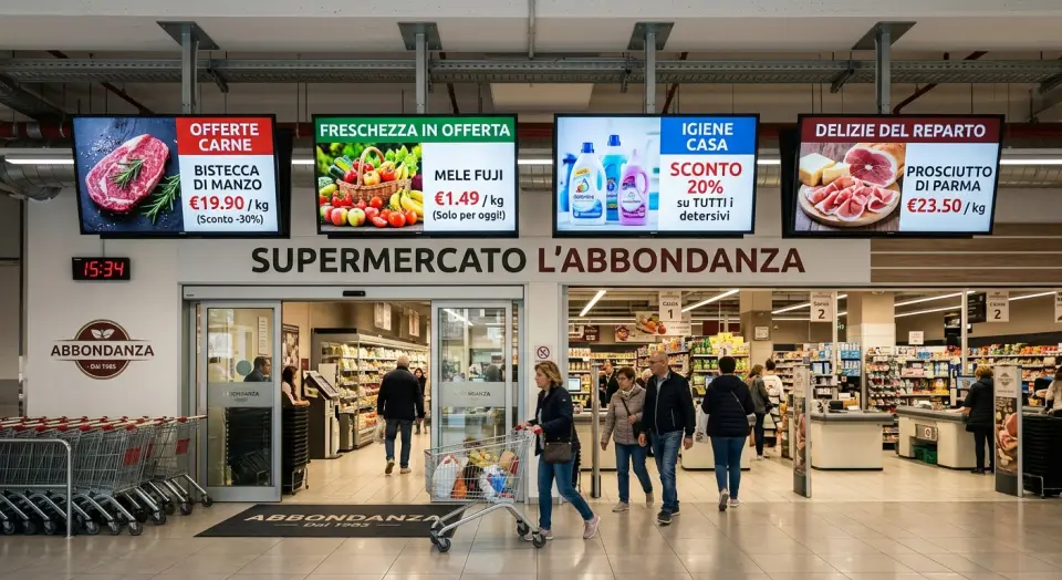 Monitor con le offerte sopra l'ingresso di un supermercato